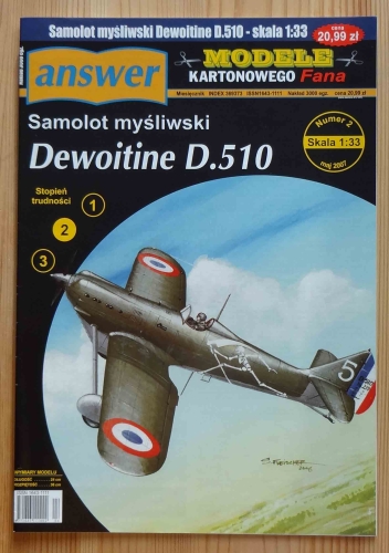 Francuski samolot myśliwski Dewoitine D.510, skala 1:33, Modele Kartonowego Fana, nr 2 maj 2007.jpg