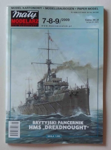 Brytyjski pancernik HMS Dreadnought, skala 1:200, Mały Modelarz 7-8-9/2009, model kartonowy